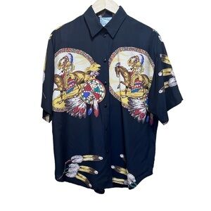 Vintage Como Studio Native American Graphic Black Button Down Shirt Size 8